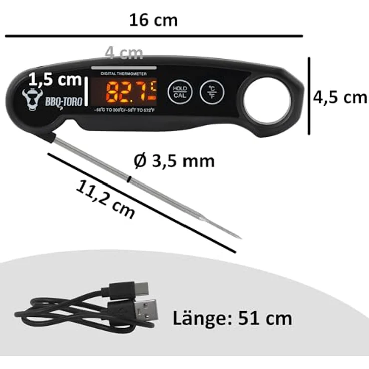 BBQ-Toro Grillthermometer wiederaufladbar mit LCD Display, digitales Fleischthermometer -50 °C bis 300 °C, kabellos, Kerntemperaturmesser mit Edelstahlsonde und Auto-off-Funktion – Bild 2