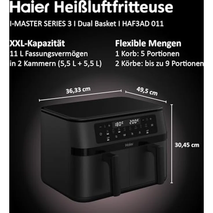 Haier Flex Heißluftfritteuse 2 Kammern, 11 L Airfryer mit herausnehmbarer Trennwand, Sichtfenster, 8 Funktionen, Antihaftbeschichtung, spülmaschinenfest – Bild 3