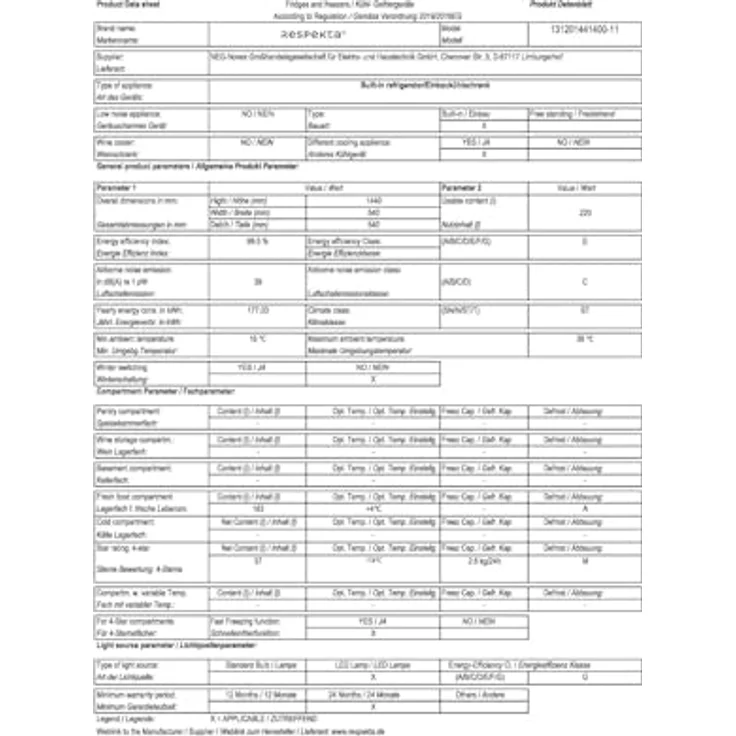 Respekta GKE144-11, Einbaukühlschrank mit 4*Gefrierfach, 144 cm, 183 L Nutzinhalt, Energieeffizienzklasse E, Schlepptür – Bild 8