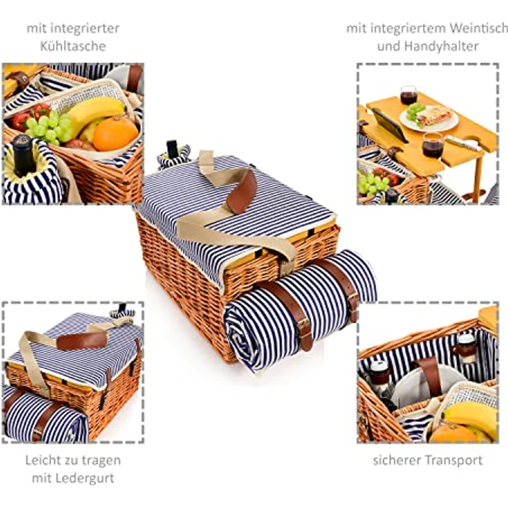 SÄNGER Picknickkorb Borkum (Set, 25 St., Picknickkorb), 4 Personen, integrierter Tisch & Kühltasche, Weide & Leder, Porzellan & Kunststoff, 3,5 kg, braun – Bild 2
