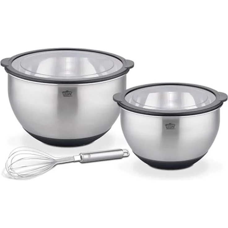 GSW Servierschüsselset Primo, Hochwertige Edelstahl Rühr- & Salatschüsseln mit luftdichtem Deckel, Teigschüssel, Küchenschüssel & Servierschale, 16cm/20cm/24cm – Bild 1