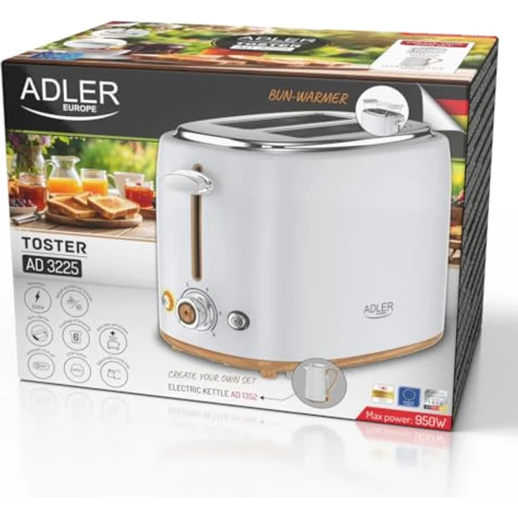 ADLER Toaster Weiß für 2 Scheiben, mit 6 Stufen, Brötchenaufsatz, Auftau- & Aufwärmfunktion, Stopp-Taste, Krümelschublade – Bild 2