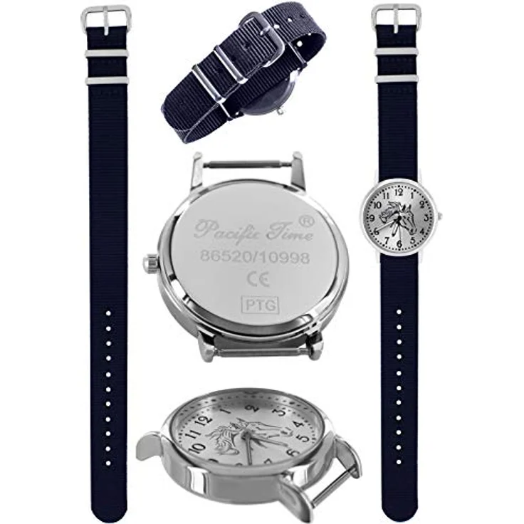 Pacific Time Mädchen Armbanduhr, Pferdemotiv analog Quarz mit blauem Textilarmband, 3,2 cm Gehäuse, leuchtende Zeiger, 11-fach verstellbar – Bild 3
