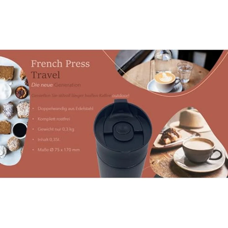 MediMuc Thermo French Press Travel 0,35L - Genießen Sie unterwegs länger heißen Kaffee in stilvoller Eleganz - doppelwandig und aus hochwertigem Edelstahl - außen schwarz beschichtet – Bild 2