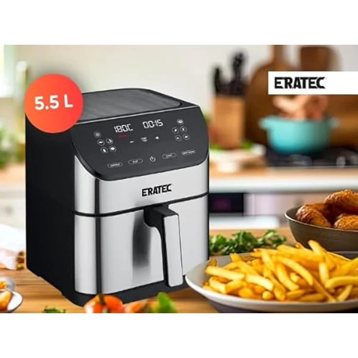 ERATEC AF-66 Heißluftfritteuse XXL 5,5L 1700W, Ölfreie Air Fryer mit LED Display, 10 voreingestellten Programmen und Timer, Edelstahl – Bild 5