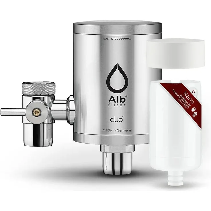 Alb Filter Duo Nano Wasserhahnfilter mit Keimsperre, Edelstahl Natur, 99,999% Bakterienfiltration, inkl. Vorfilter, made in Germany