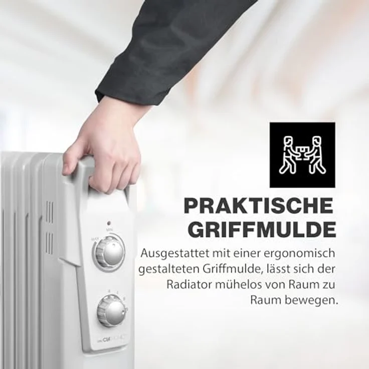 Clatronic RA 3735 7 Rippen-Ölradiator, mobiler Heizkörper bis 1500 Watt, Wärmeregulierung über stufenlosen Thermostatregler, Flexibler Einsatz durch 4 Leichtlaufrollen, Slimline-Bauweise, weiß, Radiator – Bild 4
