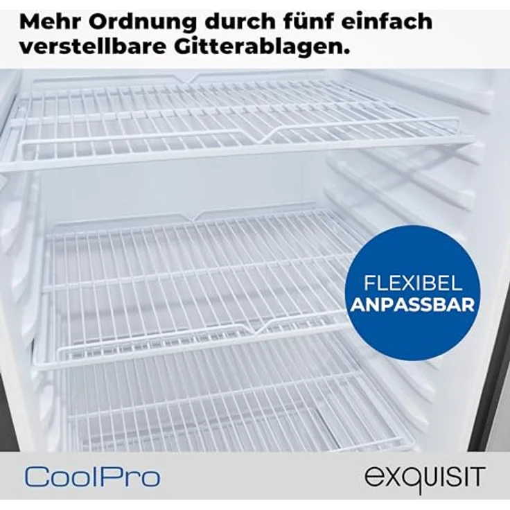 Exquisit GKS5260-GT-431D, Glastürkühlschrank mit 280l Volumen, LED-Beleuchtung, Umluft, 5 verstellbare Ablagen, schwarz – Bild 5