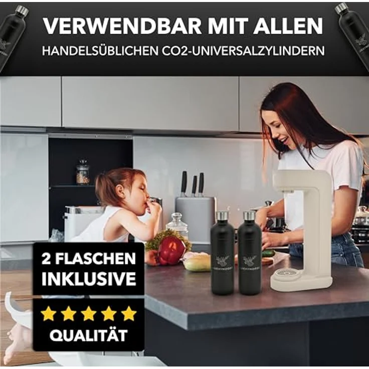 Luckymoose Infinity Wassersprudler mit 2x 1,25L spülmaschinenfesten Edelstahlflaschen – CO₂-sparende Sprudelwasser Maschine im extraflachen Design – Bild 4