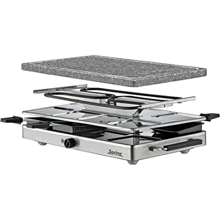Spring CLASSIC Raclette 8 Personen, Granit-Grillplatte, Heißer Stein mit Saftrille, 8 Raclette Pfännchen, 8 Raclette Schaber, mit Abstellebene, 48 × 27 × 14,5 cm, 1200W, Raclette Grill – Bild 3
