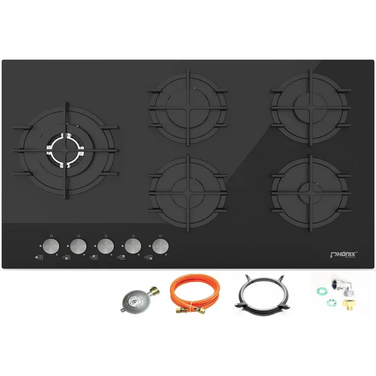 Phönix Germany Gas-Kochfeld PG-905SWL, 5 flammig mit Zündsicherung, Propan- / Erdgas, H-Gas, Glas / Stahl, Schwarz