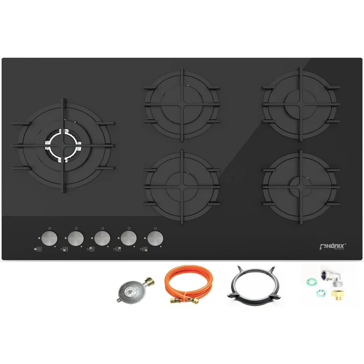 Phönix Germany Gas-Kochfeld PG-905SWL, 5 flammig mit Zündsicherung, Propan- / Erdgas, H-Gas, Glas / Stahl, Schwarz