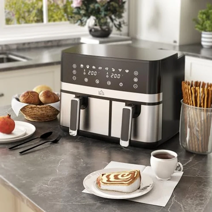 HOMCOM Heißluftfritteuse 8,5L, Doppelkammer, 8 in 1 Rezeptur, Touchscreen, Smart und Timer-Funktion, ohne Öl, Schwarz – Bild 2