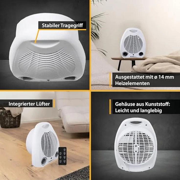 TZS First Austria Heizlüfter FA-3300, 1000/2000W, 2 Heizstufen, Thermostat, Überhitzungsschutz, leise (52dB), kompakt, weiß/grau, energiesparend – Bild 5