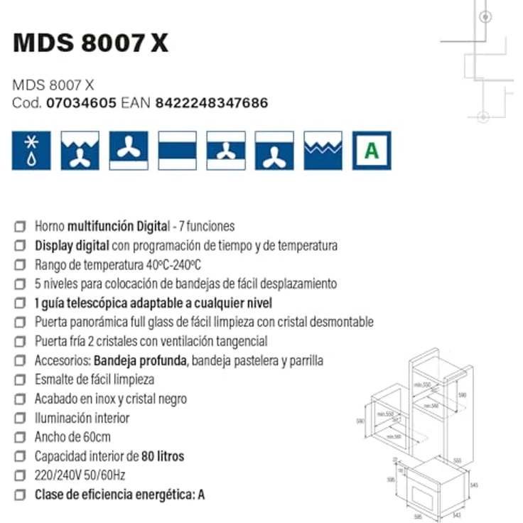 CATA MDS 8007 X, Digitaler Multifunktionsofen mit 7 Funktionen, 80 l, Edelstahl-Finish und schwarzes Glas, Panorama-Tür, Innenbeleuchtung, Energieeffizienzklasse A – Bild 3