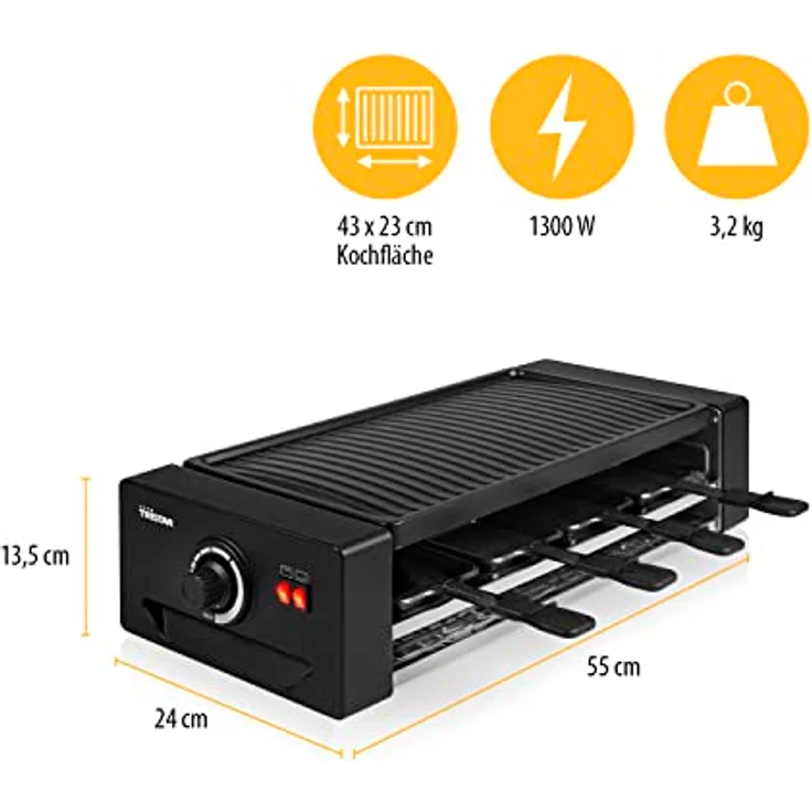 Tristar RA-2736 Multifunktionales Raclette- und Pizzagerät Einstellbarer Thermostat mit doppeltem Heizelement 43 x 23 cm Kochfläche für 8 Personen BPA-frei 1300 Watt, Schwarz – Bild 3