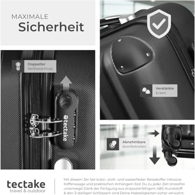 tectake Premium 3er Kofferset Talia, 3-teilig aus robustem ABS-Kunststoff, inkl. Kofferwaage und -anhänger, in Schwarz – Bild 6