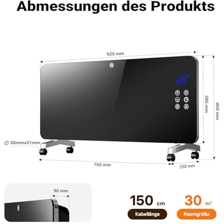 Wiltec 2000 W Elektro Glasheizung, Glaskonvektor mit LED-Anzeige, Wandmontage & Rollen, Wifi-Steuerung, inkl. Fernbedienung - Elegant und effizient – Bild 3
