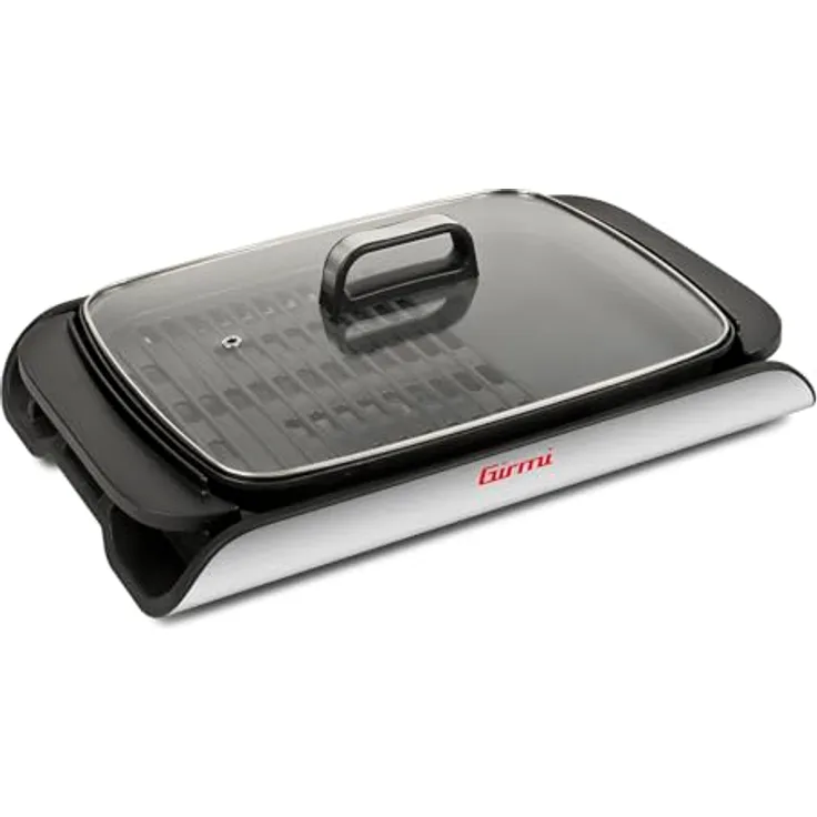 Girmi BQ91 Elektrogrill und Barbecue, 2000W, XL Antihaft-Grillplatte 40 x 30 cm, rauchfreies Grillen, gehärteter Glasdeckel, temperaturregulierbar, grau