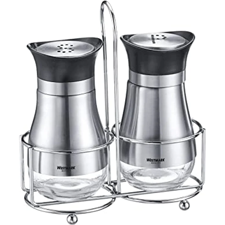 Westmark Menage Salz- und Pfefferstreuer, 3tlg., Fassungsvermögen: je 125 ml, Untenliegende Sichtfenster, Glas/Kunststoff/Edelstahl, Lissabon, Transparent/Silber/Schwarz, 63332260 – Bild 1