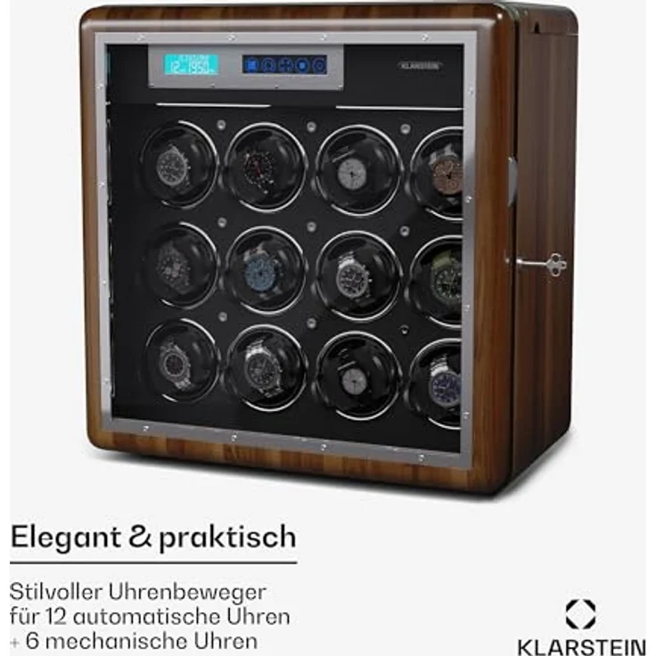 Klarstein Valmont 12+6 Uhrenbeweger, eleganter Uhrenaufbewahrer mit Touch-Panel, abschließbarem Fach für 6 Uhren, anpassbaren Uhrenkissen und LED-Beleuchtung – Bild 2