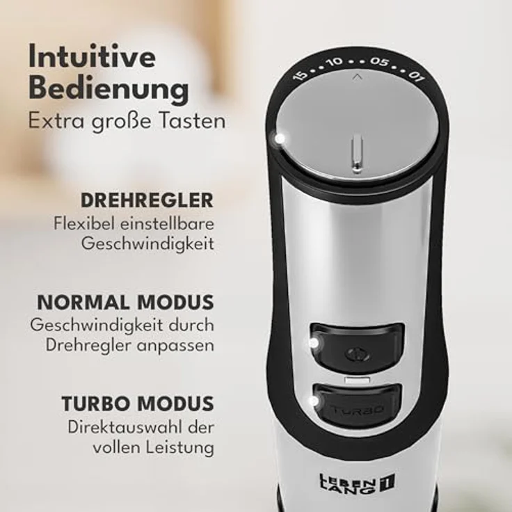 LEBENLANG 1500W Stabmixer Edelstahl, mit 800ml Messbecher, stufenlos verstellbar & Turbo-Funktion, Anti-Splash Design, spülmaschinenfest – Bild 5