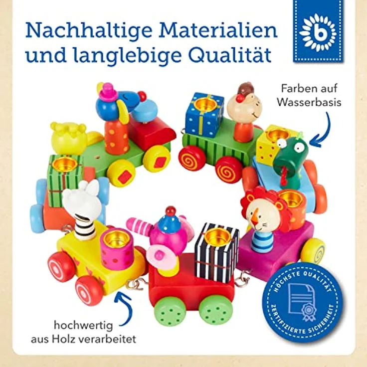 Bieco Geburtstagszug Holz - Safari Look 0-9 Jahre - Geburtstagszug Junge - Geburtstagszug Mädchen 1 Geburtstag Junge Geburtstagsring Holz Geburtstagsteller Geburtstagskranz Kerzen Geburtstagskerze – Bild 5