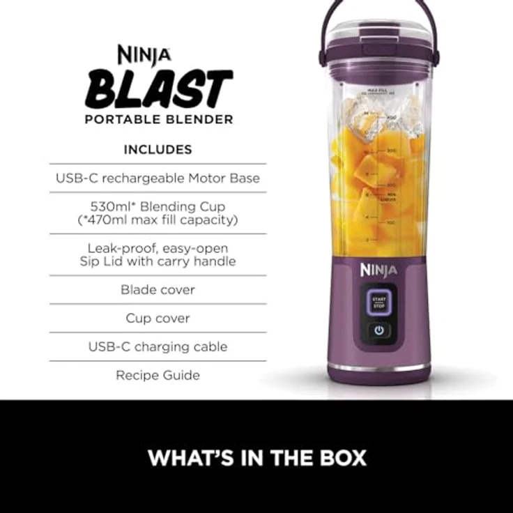 Ninja Blast BC151UKPR, Lila, Tragbarer Mixer, 530 ml, auslaufsicherer Deckel und Trinkauslauf, leistungsstarker kabelloser Mini-Mixer, wiederaufladbar, tragbare Smoothies, Protein-Shakes, mischt Eis – Bild 2