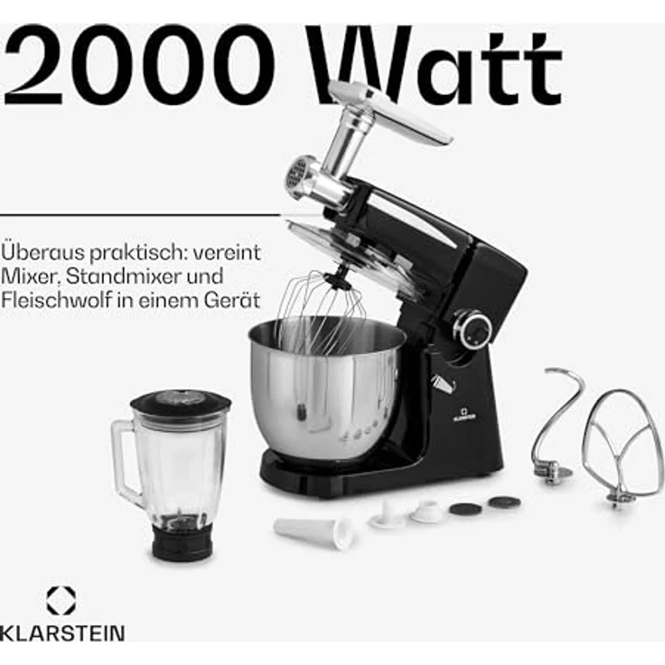 Klarstein Renata Rossa Küchenmaschine 3-in-1, 2000 W, 2,7 PS, 5 Liter Edelstahl Schüssel, inkl. Standmixer-, Fleischwolf-Aufsatz, schwarz – Bild 4