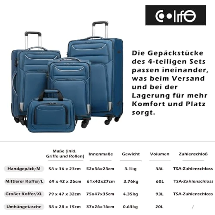 COOLIFE Mittleres Koffer-Set 2tlg, Trolley Reisekoffer mit 4 Rollen, Oxford Gewebe, TSA-Schloss, blau+Silber – Bild 3