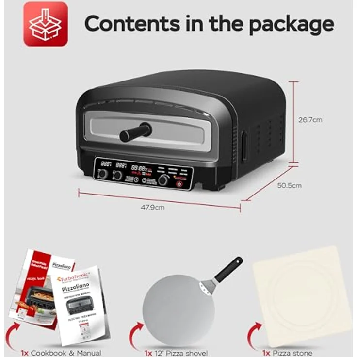 TurboTronic TT-PO14, Pizzaofen bis 450°C für 37cm Pizzen mit Pizzastein, 2200W elektrisch, Indoor/Outdoor, 6 Programme, mobiler Mini Backofen – Bild 2