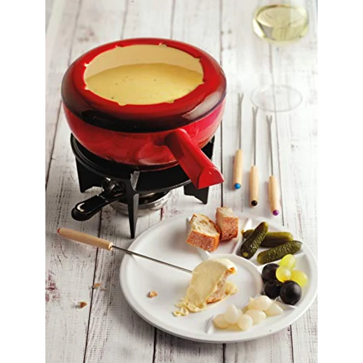 Spring Gusseisen Fondue Set rot | Ø 20 cm | mit 8 Fonduegabeln und Spritzschutz | für Käsefondue, Fleischfondue | Rechaud Brenner – Bild 2