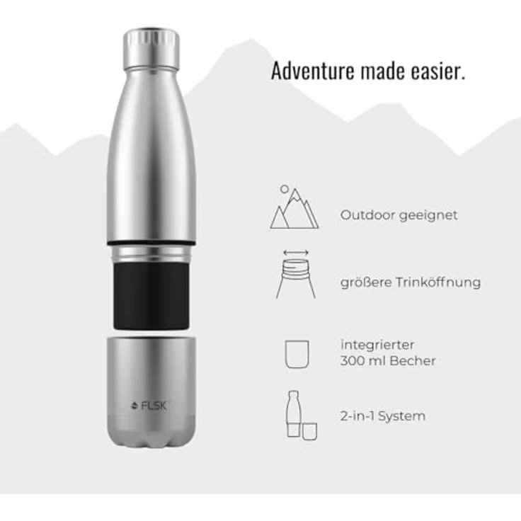 FLSK Trinkflasche mit integriertem Becher, Premium Edelstahl Thermosflasche, 2-in-1 System, 100% auslaufsicher, hält 24h kalt & 18h heiß, BPA-frei, Edelstahl – Bild 4