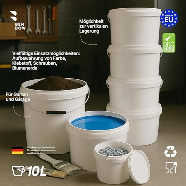 BenBow 10l Eimer mit Deckel, lebensmittelecht, luftdicht, auslaufsicher, geruchsneutral, weiß, mit Henkel, 10er Pack – Bild 4
