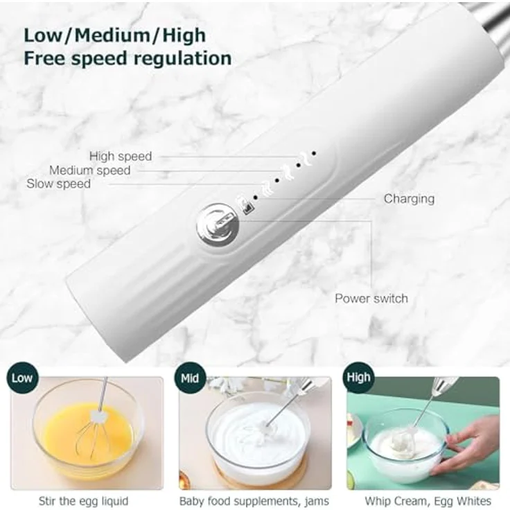 EBUYFIRE Elektrischer Milchaufschäumer Stab, USB-wiederaufladbar, 3 Geschwindigkeiten, 2 Schneebesen, Edelstahl-Ständer für Latte, Kaffee, Matcha und Cappuccino – Bild 4