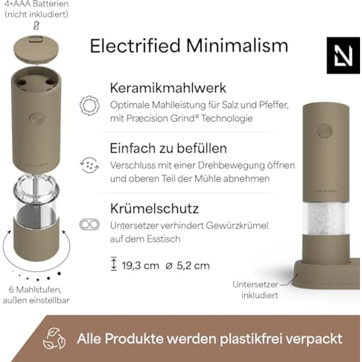 LARS NYSØM Elektrisches Salz- und Pfeffermühlen Set, Automatische Mühlen mit einstellbarem Keramikmahlwerk, batteriebetrieben, Taupe Brown, inkl. Untersetzer – Bild 4