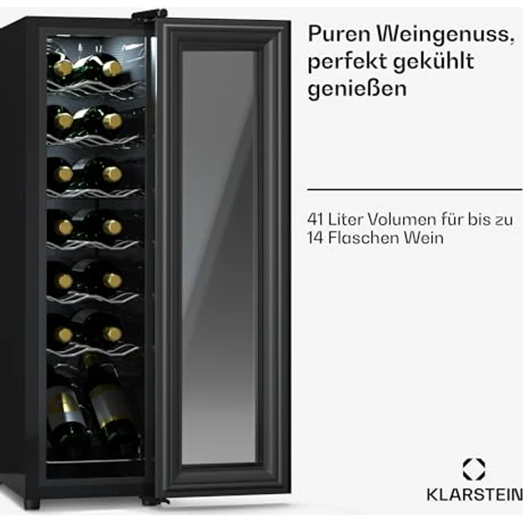 Klarstein Shiraz 14 Slim Uno, Weinkühlschrank für 14 Flaschen, 5 - 18 °C, Touch-Control, kompakt, verchromte Regale – Bild 7