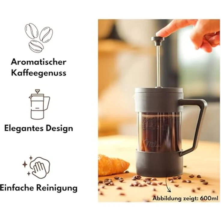Milu French Press Kaffeebereiter | 1L | Glas Kaffeepresse, Kaffeezubereiter für Zuhause Reisen Camping inkl. Untersetzer, Löffel, Ersatzfilter (Schwarz, 1000ml (5 Tassen) – Bild 3