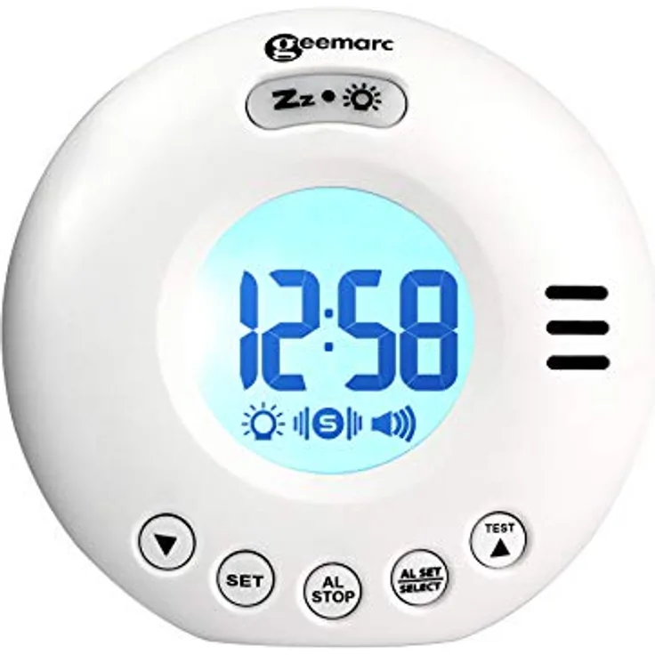Geemarc Wake 'N' Shake Voyager, Reisewecker mit 75dB Alarm, Blitzlicht, Vibrationsalarm und Snooze-Funktion, batteriebetrieben, Weiß