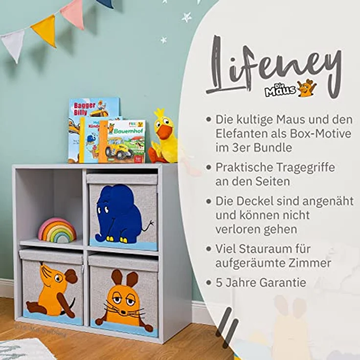 LIFENEY meets Die Maus 3x Aufbewahrungsbox mit Deckel für Kinder – Boxen mit der bekannten Maus und dem beliebten Elefanten im 3er Set – 30 x 30 x 30 cm passend für klassische Würfelregale – Bild 2