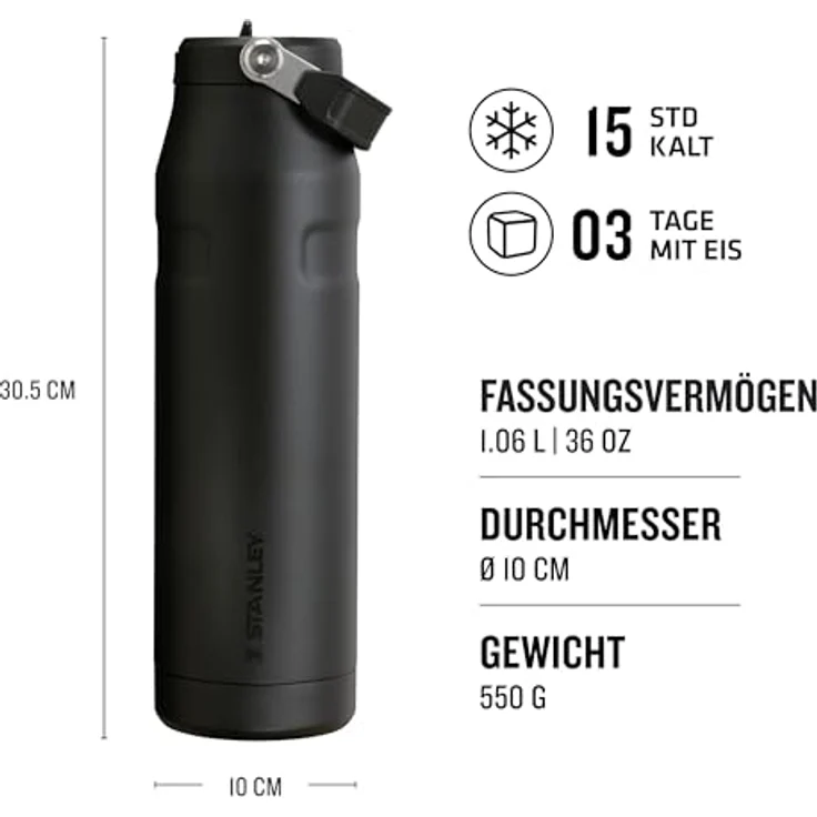 Stanley Flip Straw 2.0 Trinkflasche, 0.7L Thermobecher mit Strohhalm, Kühlt 12 Stunden, 3 Tage eisgekühlt, BPA-frei, auslaufsicher, spülmaschinenfest, Schwarz – Bild 2