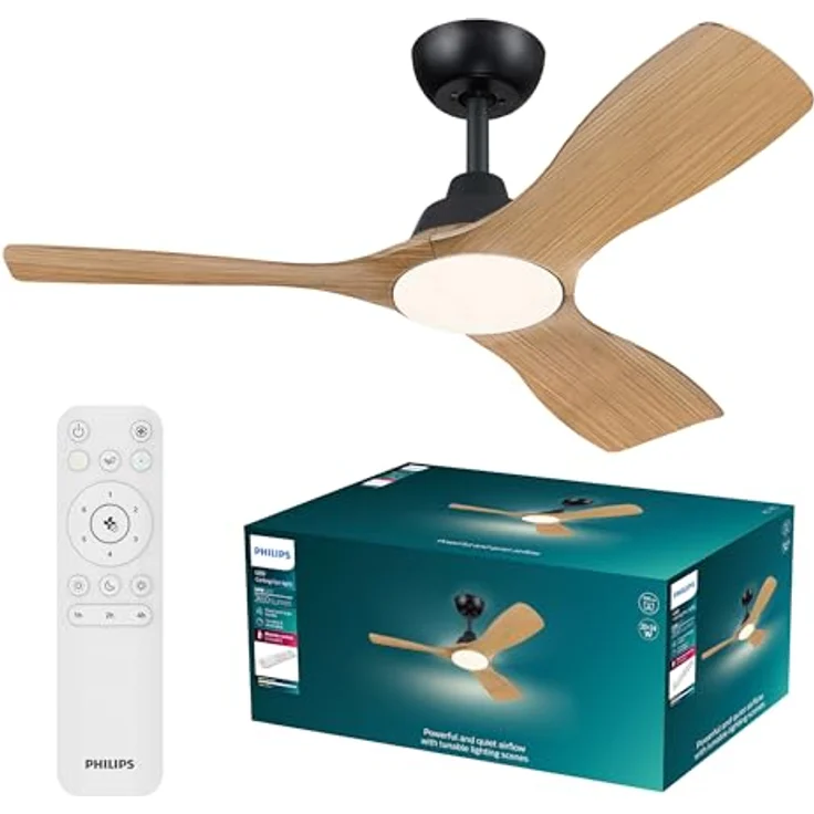 Philips Olas Deckenventilator mit LED-Leuchte, 3 Flügel, 106 cm, 2650 Lumen, dimmbar, einstellbares Licht von 3000 K bis 6500 K, schwarz/Holz, inklusive Fernbedienung – Bild 1