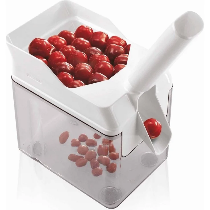 Leifheit Cherrymat 3.0 Kirschenentkerner, für schnelles Entkernen, Kirschkernentferner, trennt Kern & Fruchtfleisch, Kirschenentsteiner mit Auffangbehälter, super platzsparender Kirschenpflücker, Kunststoff, weiß – Bild 1