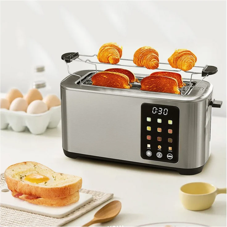 FOHERE Toaster Langschlitz 4 Scheiben, Edelstahl, 1400 W, Touchscreen, 6 Bräunungsstufen, LED-Display, Auftauen & Aufwärmen, Brötchenaufsatz