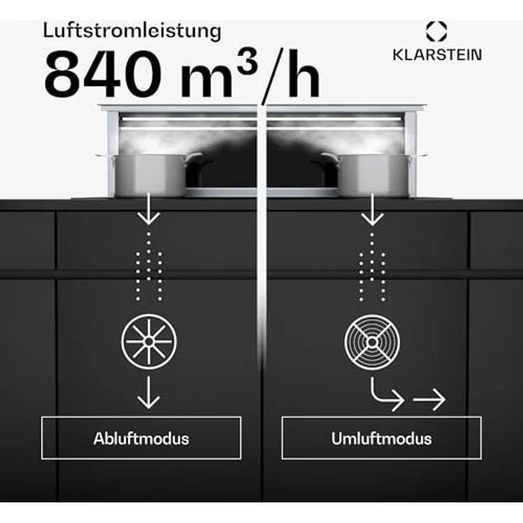 Klarstein Royal Flush Downdraft Dunstabzugshaube - A++ Energieeffizienz, 836 m³/h, Leise 70 dB, Touch-Bedienfeld, LED-Beleuchtung in 9 Farben, Wandmontage, Umluftbetrieb möglich – Bild 2