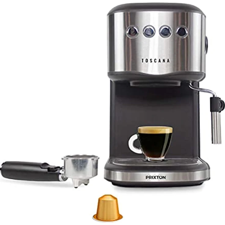 PRIXTON Toscana-Kaffeemaschine, halbautomatisch, für Kaffeekapseln und gemahlenen Kaffee, 20 Bar Druck, schwarz Edelstahl, 1,25 Liter Wassertank, mit Dampfdüse für Milchaufschäumung – Bild 4