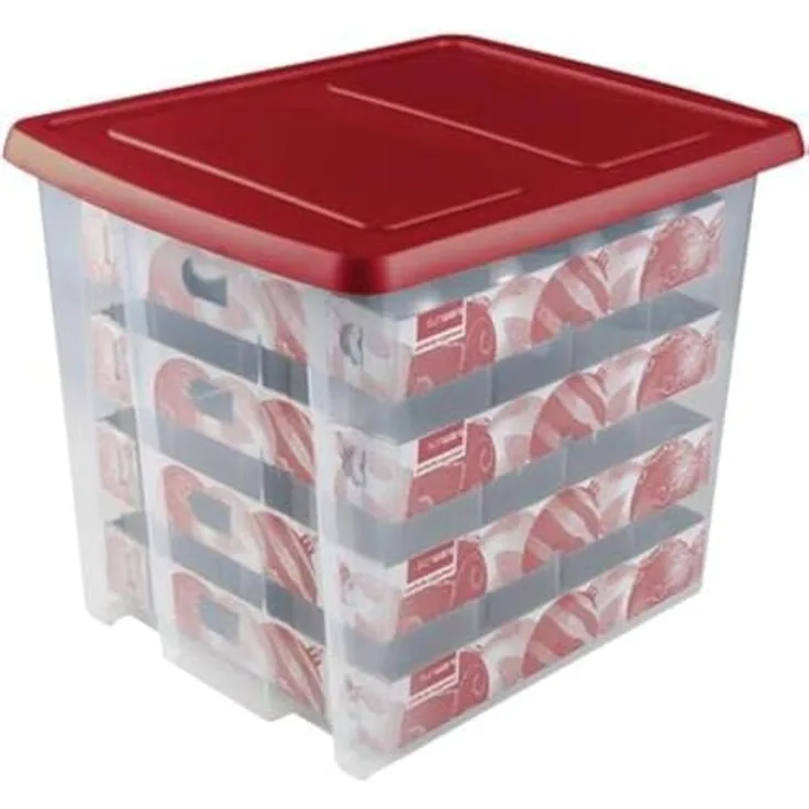 SUNWARE Nesta Weihnachtsbox 45 Ltr, Aufbewahrungsbox mit Tabletts für 64 Weihnachtskugeln (Ø70-80mm), transparent/rot