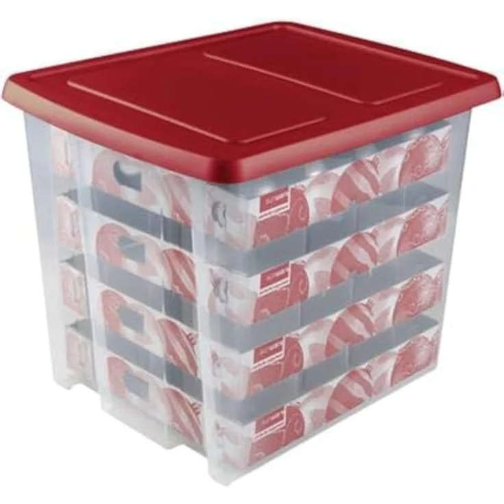 SUNWARE Nesta Weihnachtsbox 45 Ltr, Aufbewahrungsbox mit Tabletts für 64 Weihnachtskugeln (Ø70-80mm), transparent/rot – Bild 1