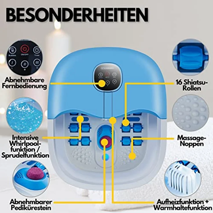 Fußmassagegerät elektrisch | Fußsprudelbad mit Massage und Heizfunktion | Vibration | faltbar | Fernbedienung | Klappbares Fußbad mit 16 Shiatsu-Rollen | Fußreflexzonen Massage | 35-48°C | Timer – Bild 2