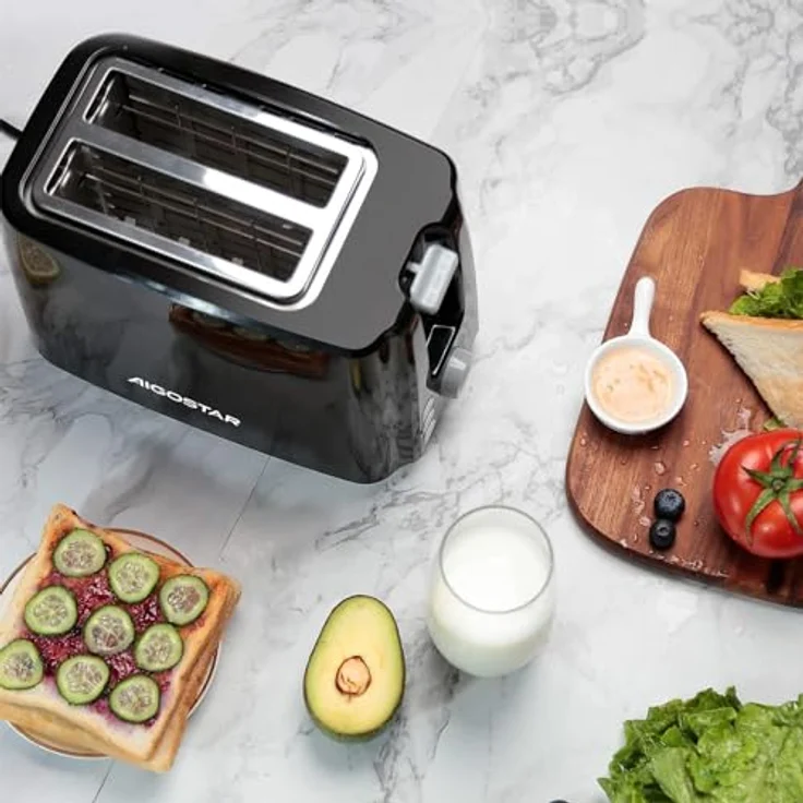 Aigostar Toaster, 750W Sandwichtoaster mit 7 Bräunungsstufen, Auftau- & Aufwärmfunktion, 2 breite Toastschlitze, schwarz – Bild 2